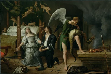 Tobias und Sara mit dem Erzengel Raphael bei der Austreibung des Dämons Asmodäus, restaurierte, aus zwei getrennten Fragmenten wieder zusammengesetzte Fassung
